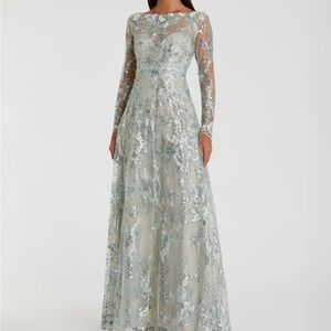 Mac Duggal Silver and Blue Floral Maxi Dress